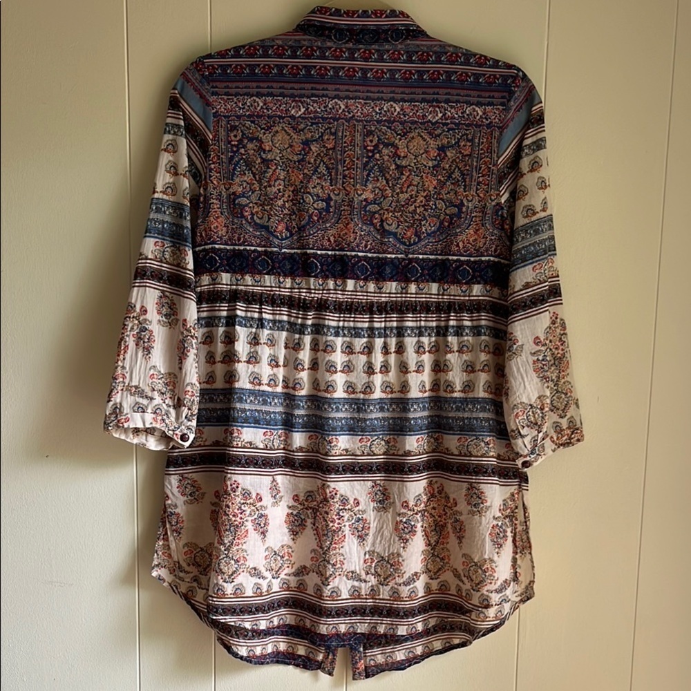 Aratta Silent Journey Blue, Red, Beige Boho Floral Beach Tunic Shirt Sz Sm - Picture 13 of 16
